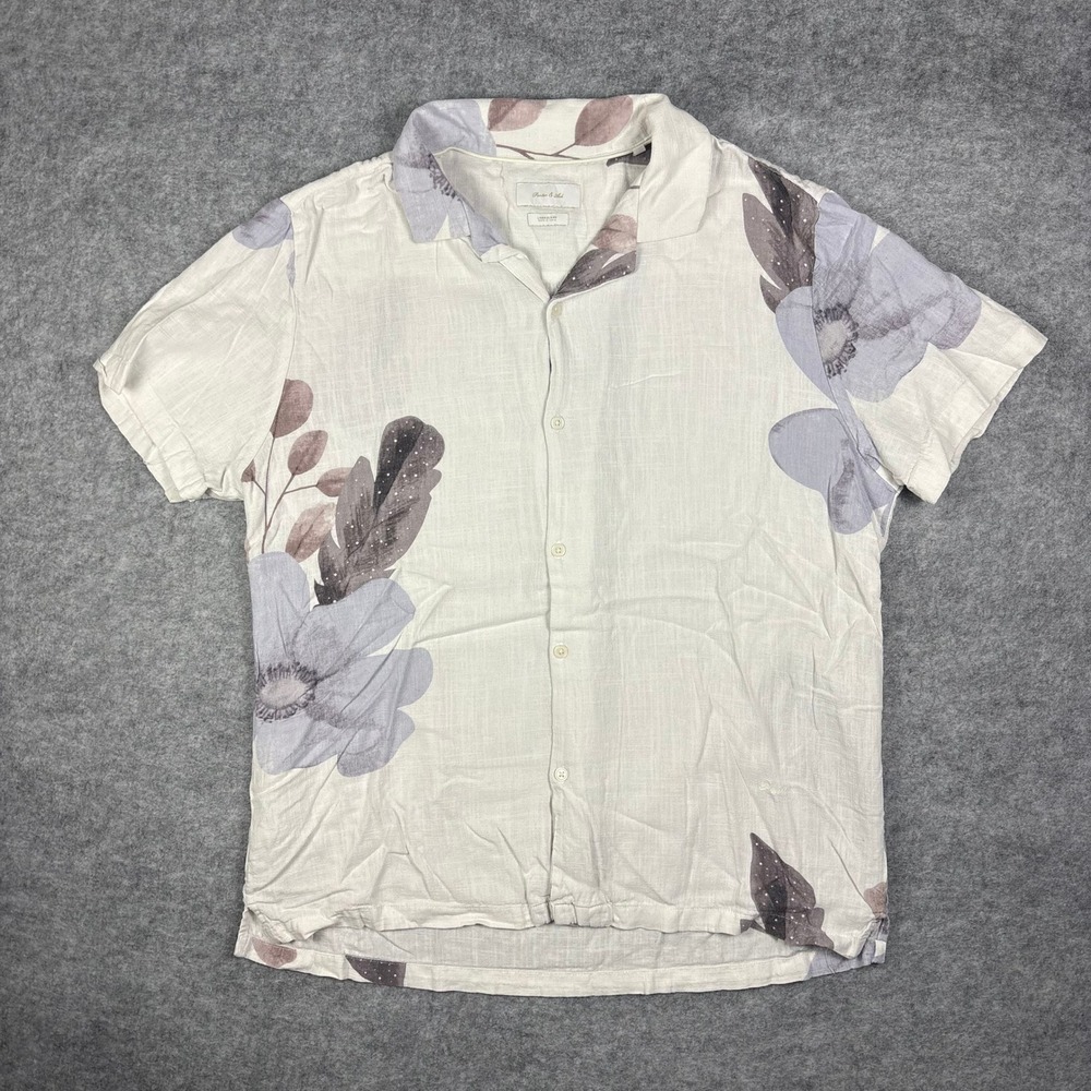 Porter & Ash Mens XL Linen Blend Floral Button Up Shirt Short Sleeve Off White